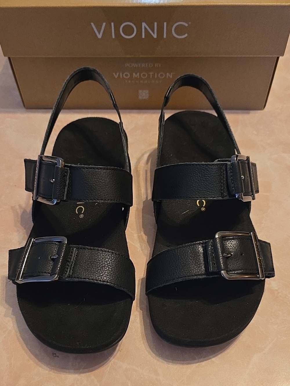 Vionic Reese Black Double Buckle Slingback Sandals